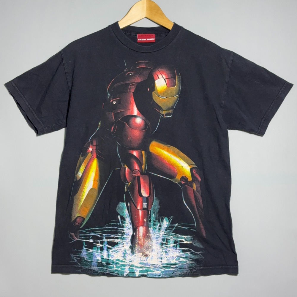 Iron Man Graphic Y2K T Shirt Mens Size Medium Glitter Marvel Black Superhero